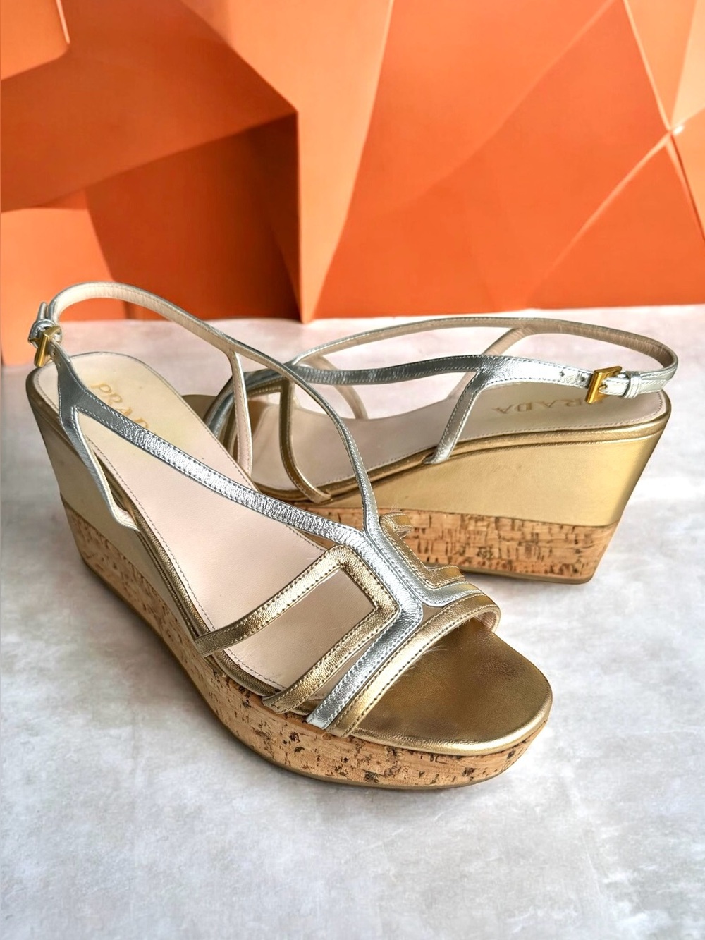 PRADA Metallic Strappy Sandals Gold Silver Wedges